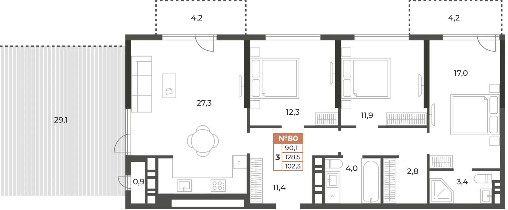 Планировка: 3-комн. квартира 102.30 м² в новостройке Аристократ