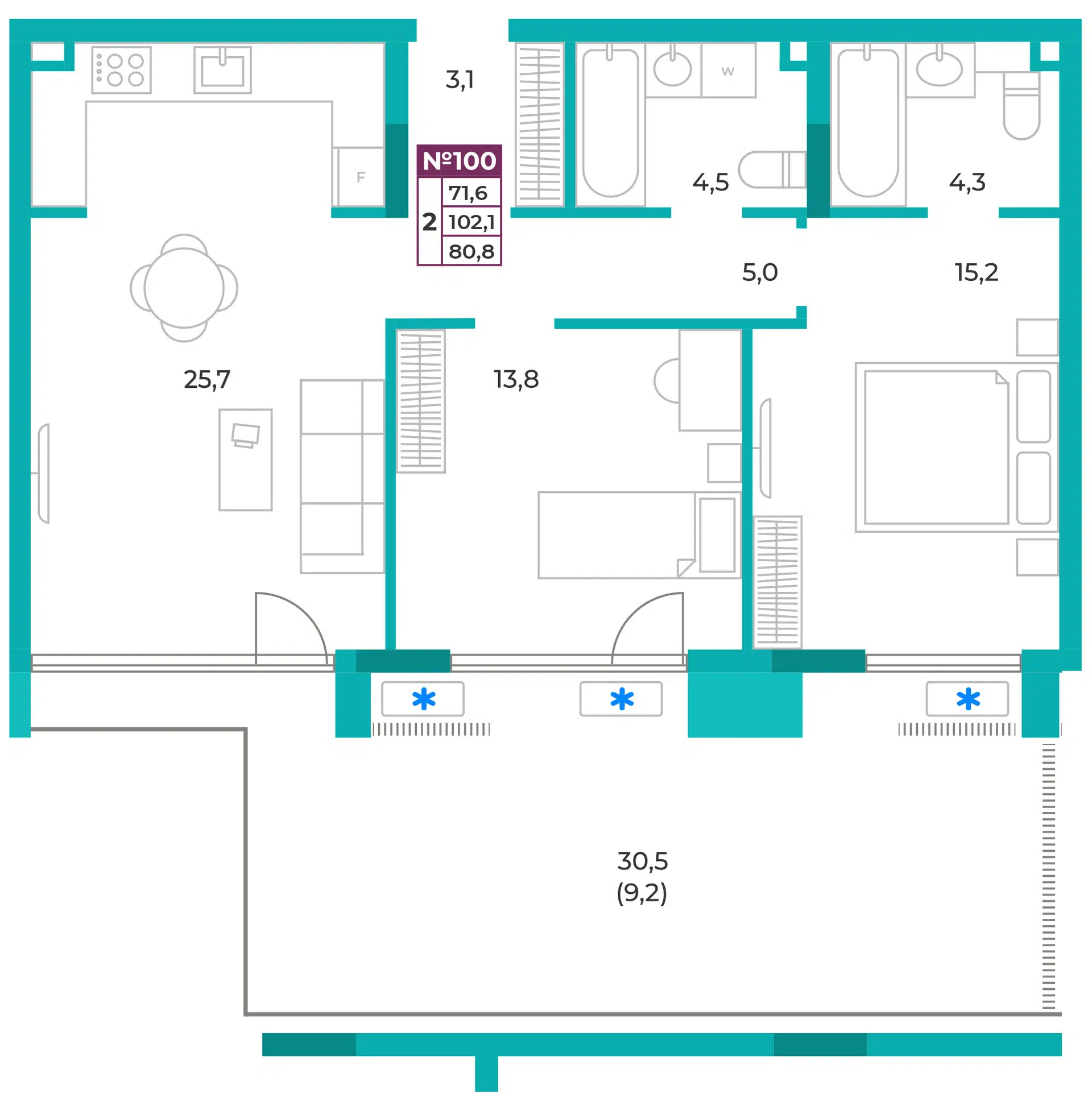 Планировка: 2-комн. квартира 80.80 м² в новостройке Омега