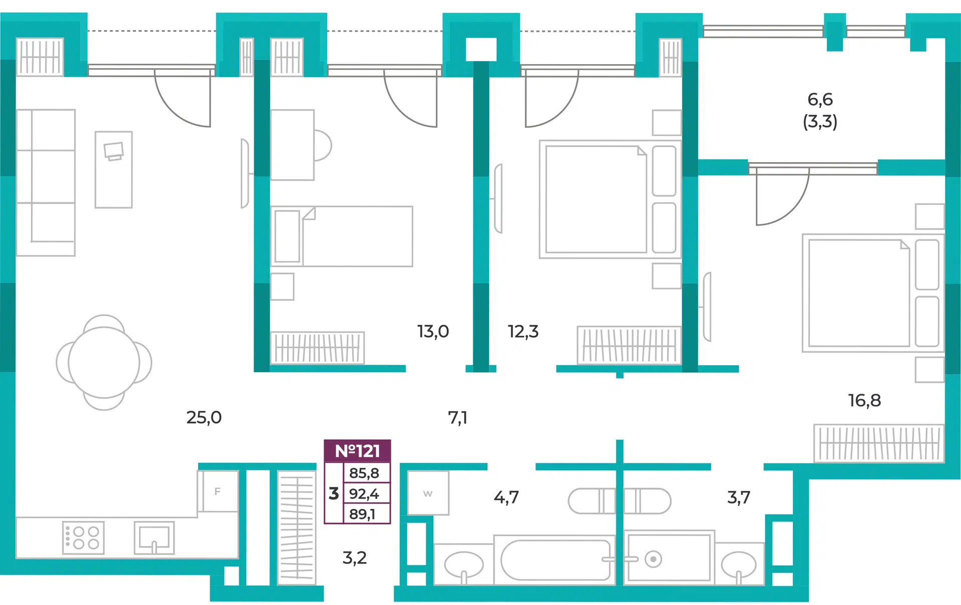 Планировка: 3-комн. квартира 89.10 м² в новостройке Омега