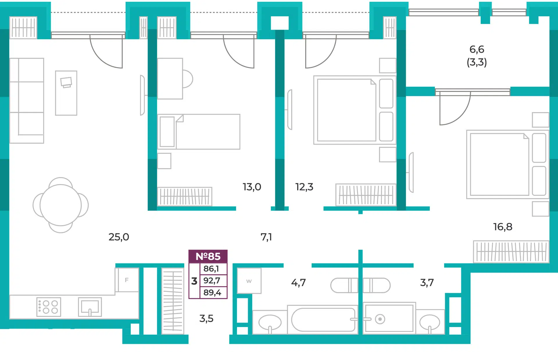Планировка: 3-комн. квартира 89.40 м² в новостройке Омега