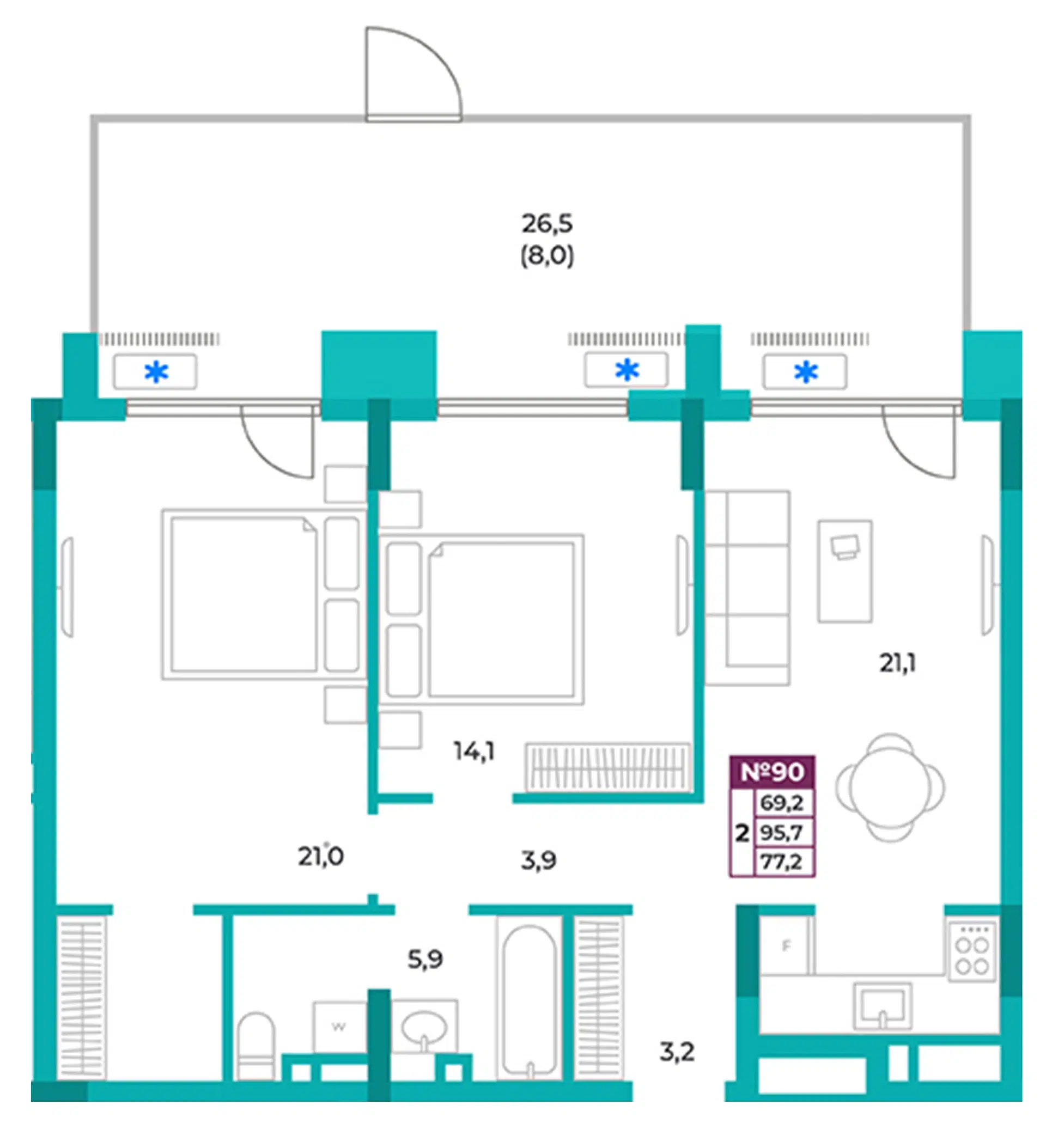 Планировка: 2-комн. квартира 77.20 м² в новостройке Омега