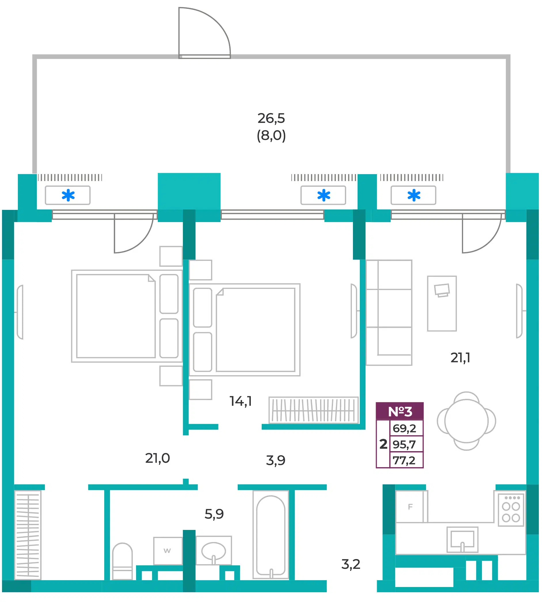 Планировка: 2-комн. квартира 77.20 м² в новостройке ЖК Омега