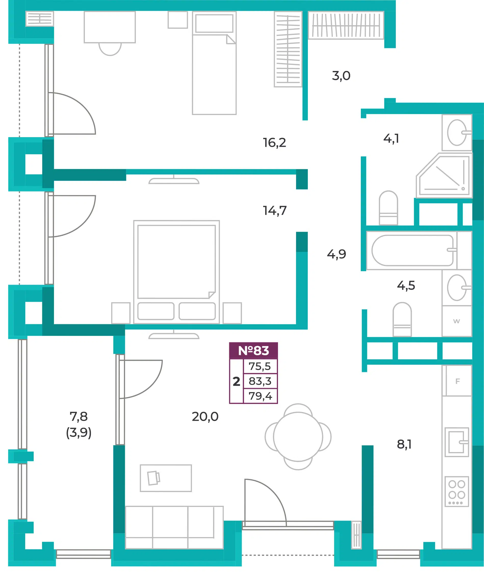 Планировка: 2-комн. квартира 79.40 м² в новостройке Омега