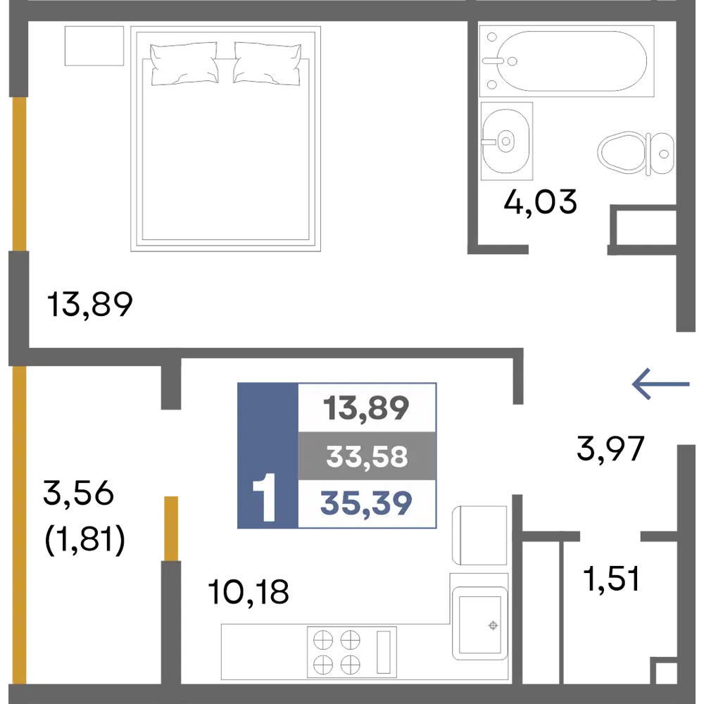 Планировка: 1-комн. квартира 35.39 м² в новостройке Прогресс