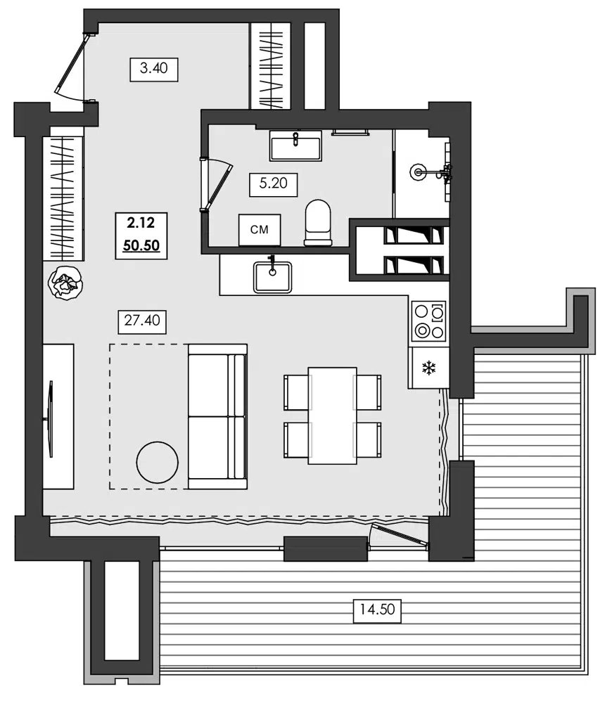 Планировка: 1-комн. квартира 50.50 м² в новостройке Апарт-комплекс Алушта-Ривьера