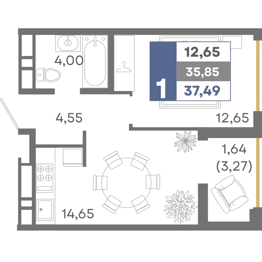 Планировка: 1-комн. квартира 37.49 м² в новостройке ЖК Миндаль