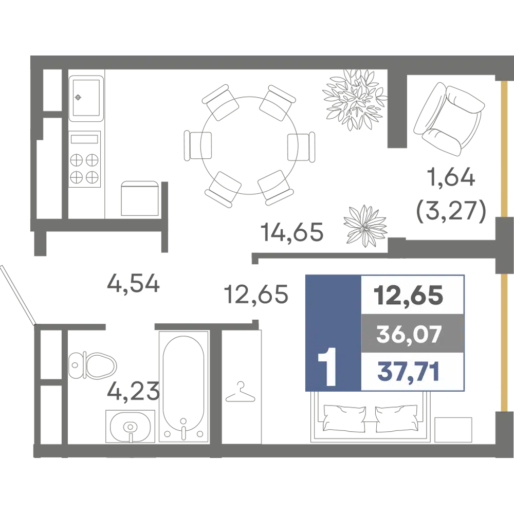 Планировка: 1-комн. квартира 37.71 м² в новостройке ЖК Миндаль
