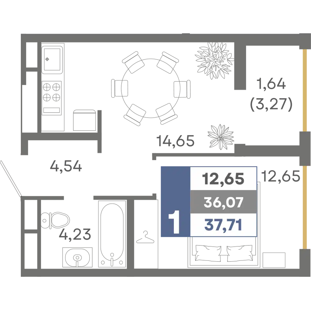 Планировка: 1-комн. квартира 37.71 м² в новостройке ЖК Миндаль