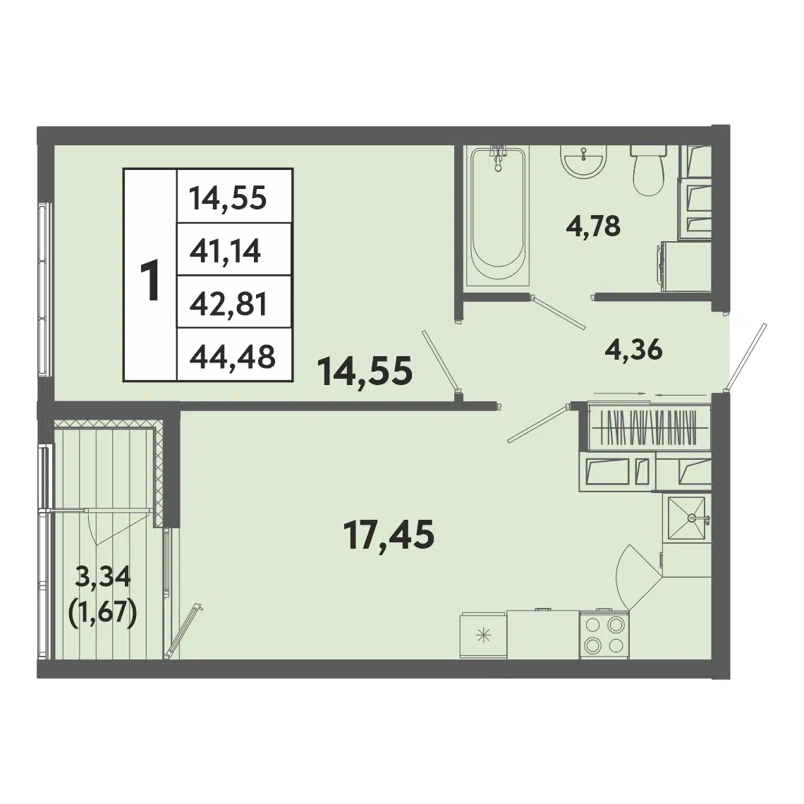 Планировка: 1-комн. квартира 42.81 м² в новостройке ЖК Панорама парк