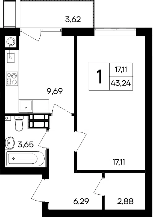 Планировка: 1-комн. квартира 43.24 м² в новостройке ЖК Республика