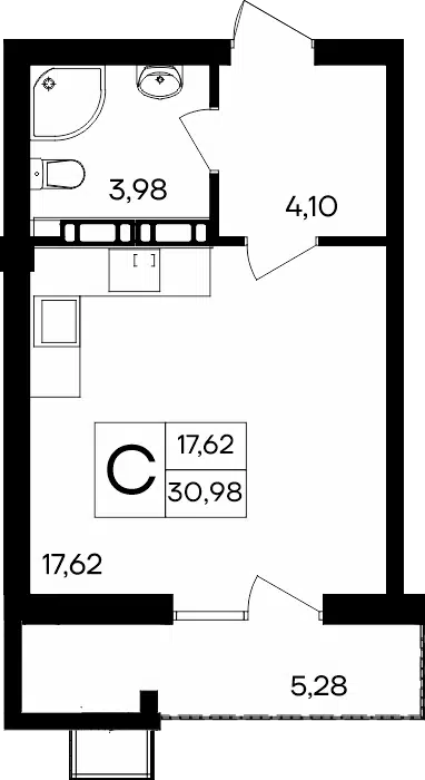 Планировка: Студия 30.98 м² в новостройке ЖК Республика