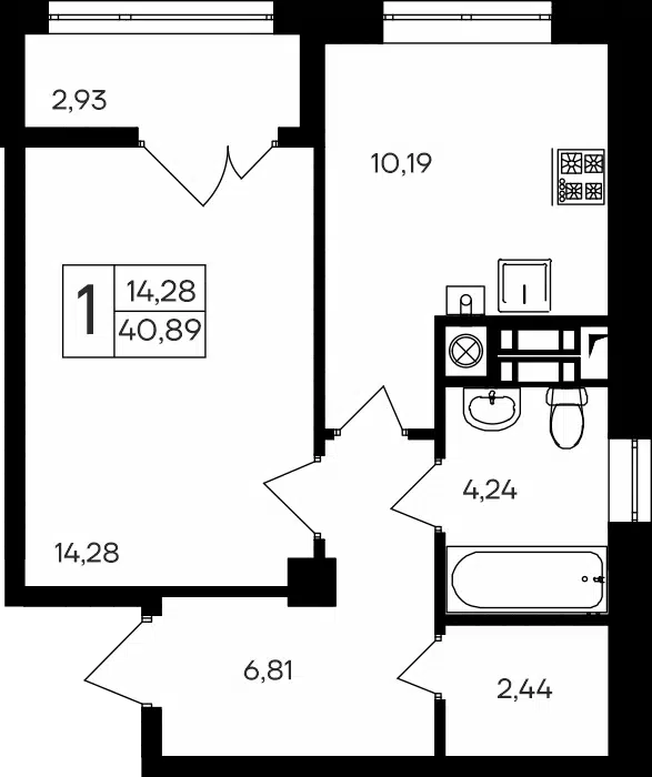Планировка: 1-комн. квартира 40.89 м² в новостройке Парковые кварталы