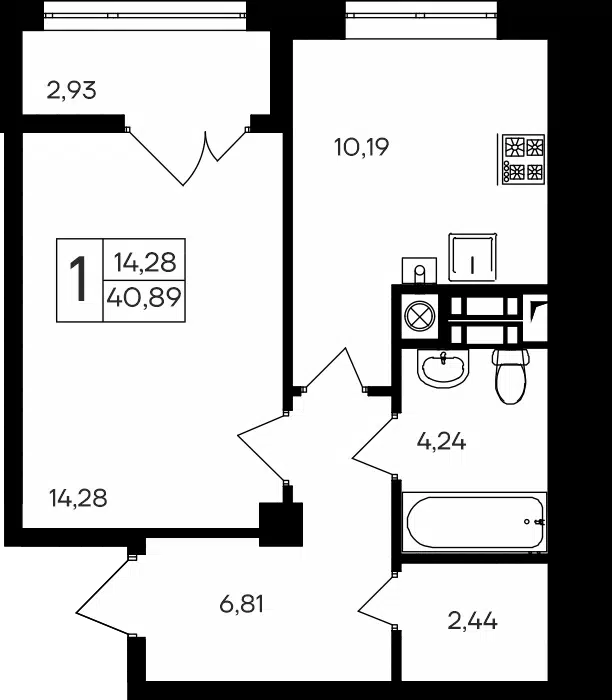 Планировка: 1-комн. квартира 40.89 м² в новостройке Парковые кварталы