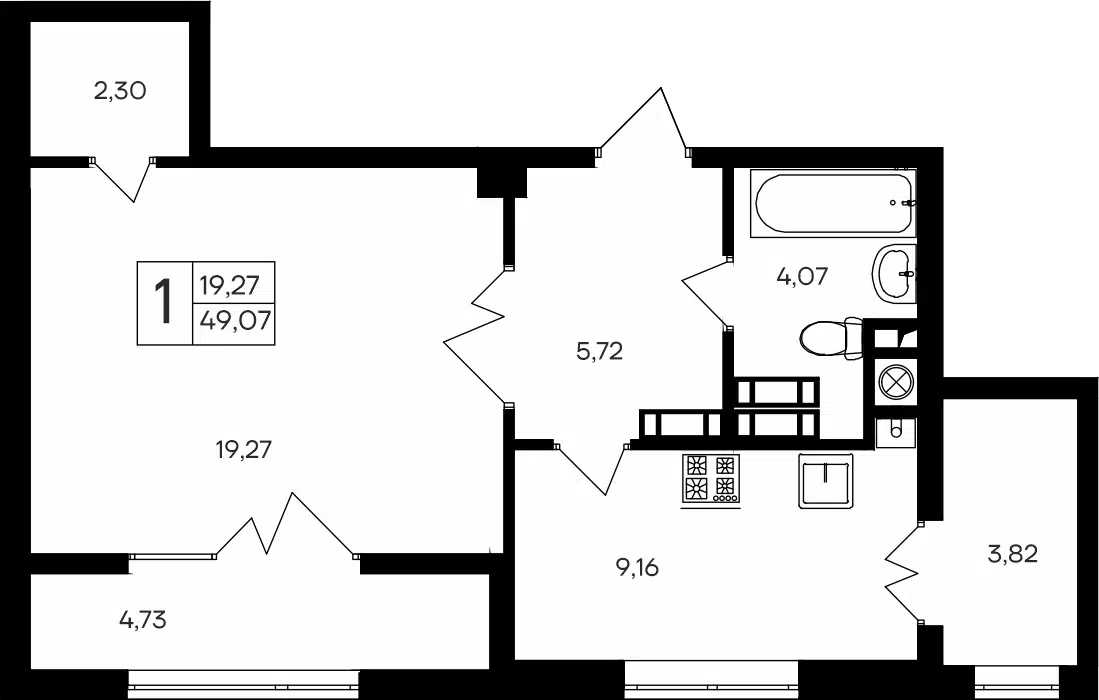 Планировка: 1-комн. квартира 49.07 м² в новостройке ЖК Парковые кварталы