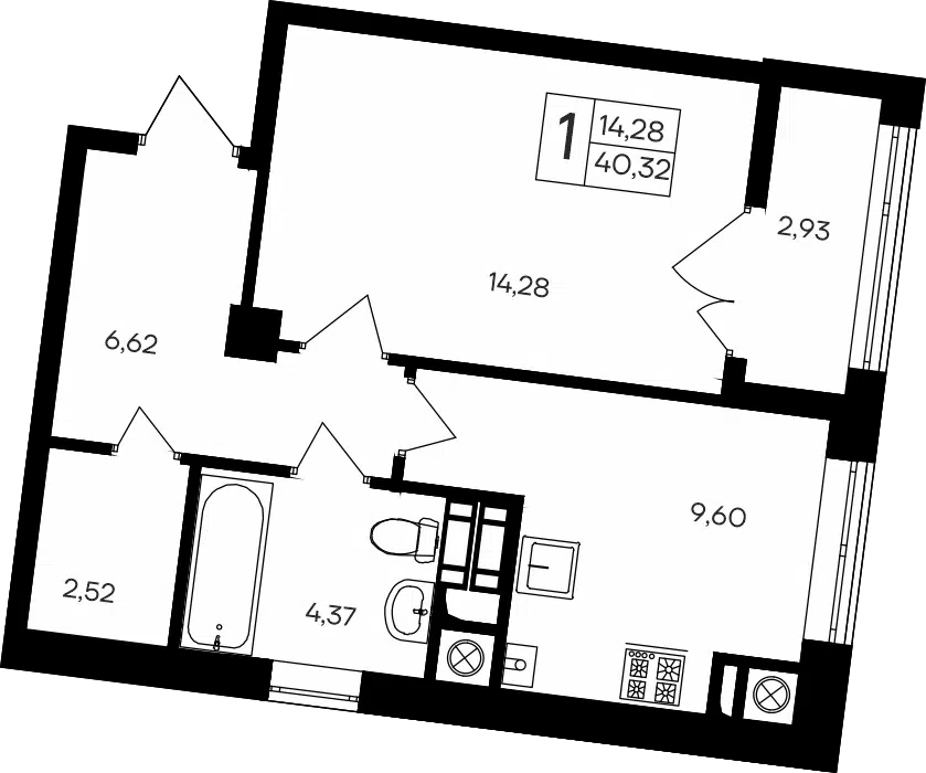 Планировка: 1-комн. квартира 40.32 м² в новостройке ЖК Парковые кварталы