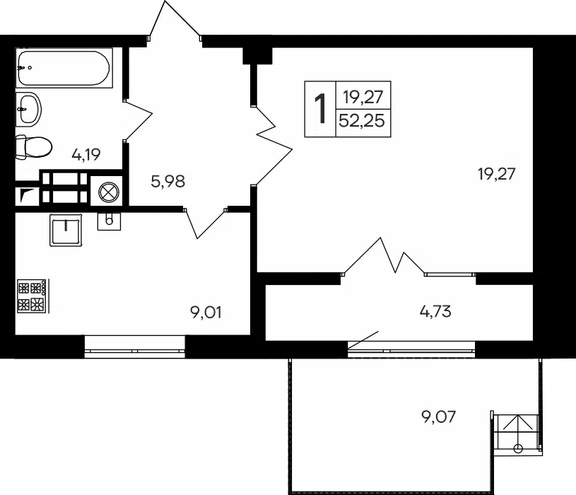 Планировка: 1-комн. квартира 52.25 м² в новостройке ЖК Парковые кварталы