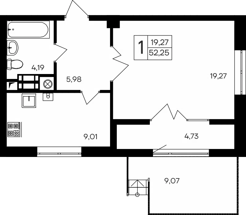 Планировка: 1-комн. квартира 52.25 м² в новостройке ЖК Парковые кварталы