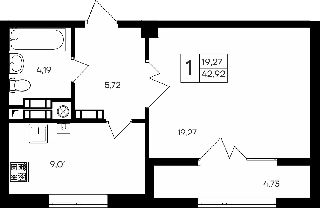 Планировка: 1-комн. квартира 42.92 м² в новостройке ЖК Парковые кварталы