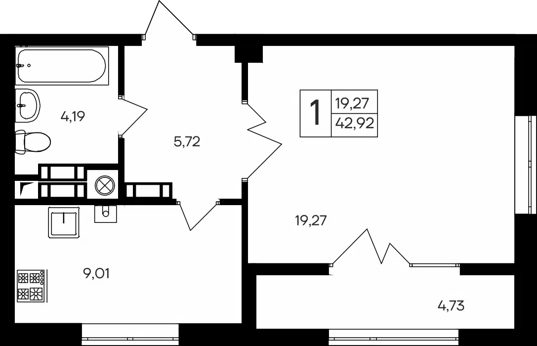 Планировка: 1-комн. квартира 42.92 м² в новостройке Парковые кварталы