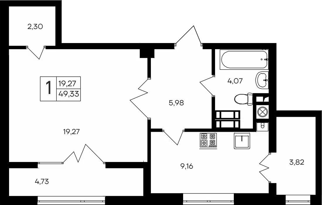 Планировка: 1-комн. квартира 49.33 м² в новостройке ЖК Парковые кварталы