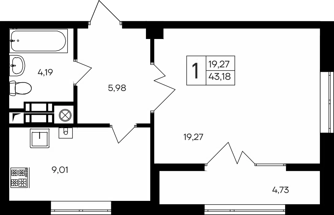 Планировка: 1-комн. квартира 43.18 м² в новостройке ЖК Парковые кварталы