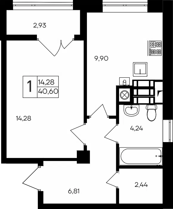 Планировка: 1-комн. квартира 40.60 м² в новостройке ЖК Парковые кварталы