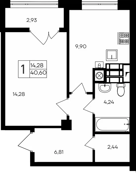 Планировка: 1-комн. квартира 40.60 м² в новостройке ЖК Парковые кварталы