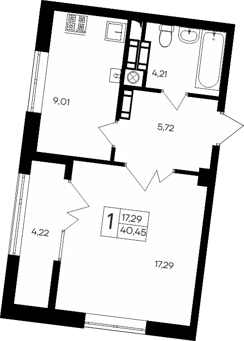 Планировка: 1-комн. квартира 40.45 м² в новостройке Парковые кварталы