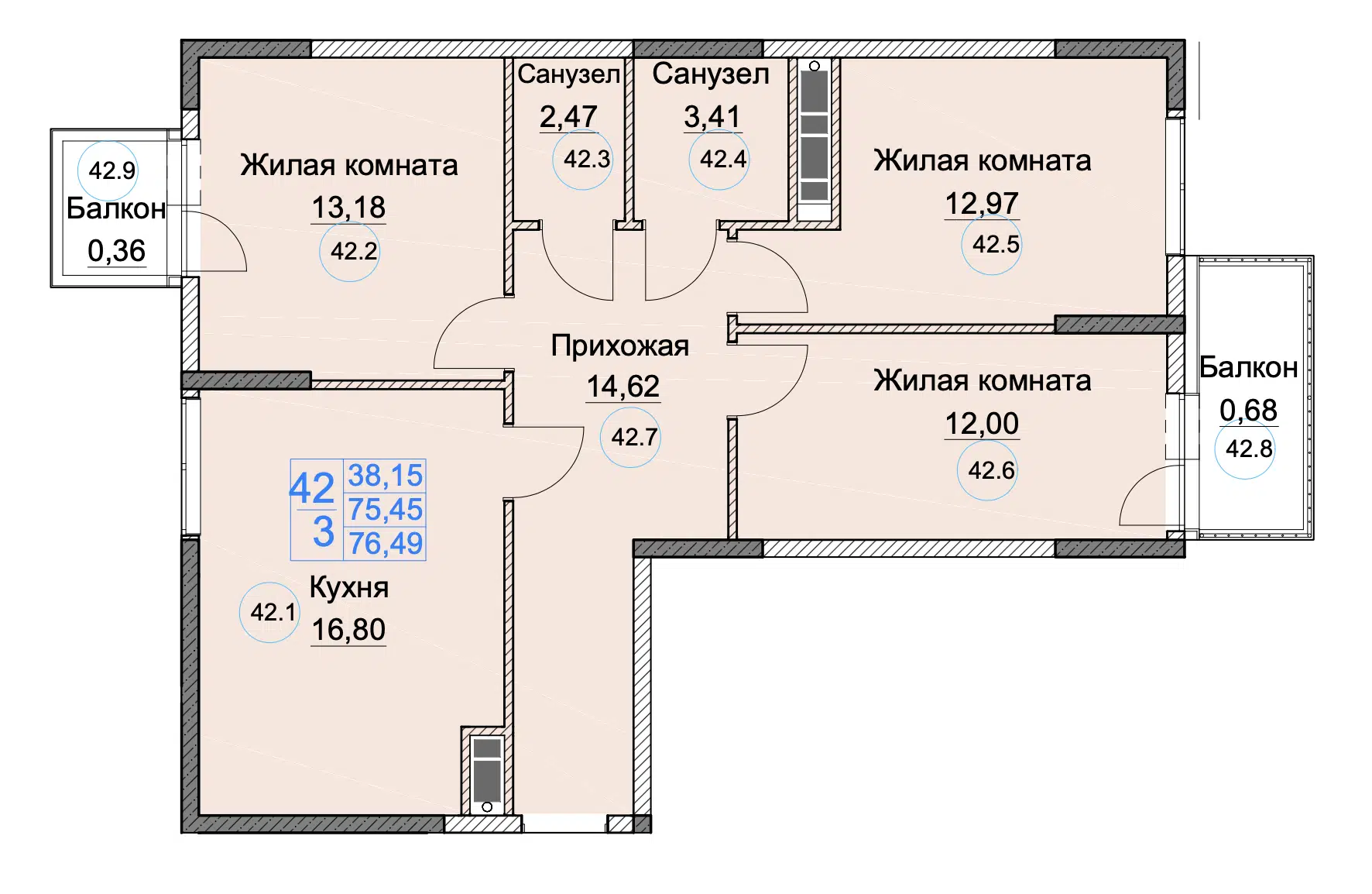 Планировка: 3-комн. квартира 76.49 м² в новостройке ЖК курортный комплекс Аква