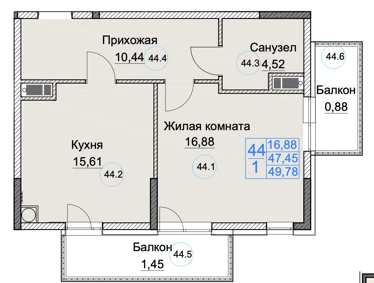Планировка: 1-комн. квартира 49.78 м² в новостройке ЖК курортный комплекс Аква