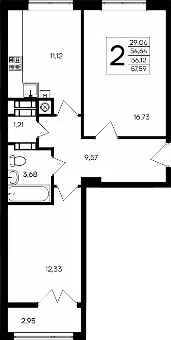 Планировка: 2-комн. квартира 57.59 м² в новостройке Сезоны