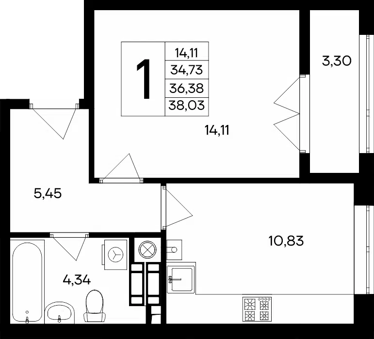Планировка: 1-комн. квартира 38.03 м² в новостройке Сезоны