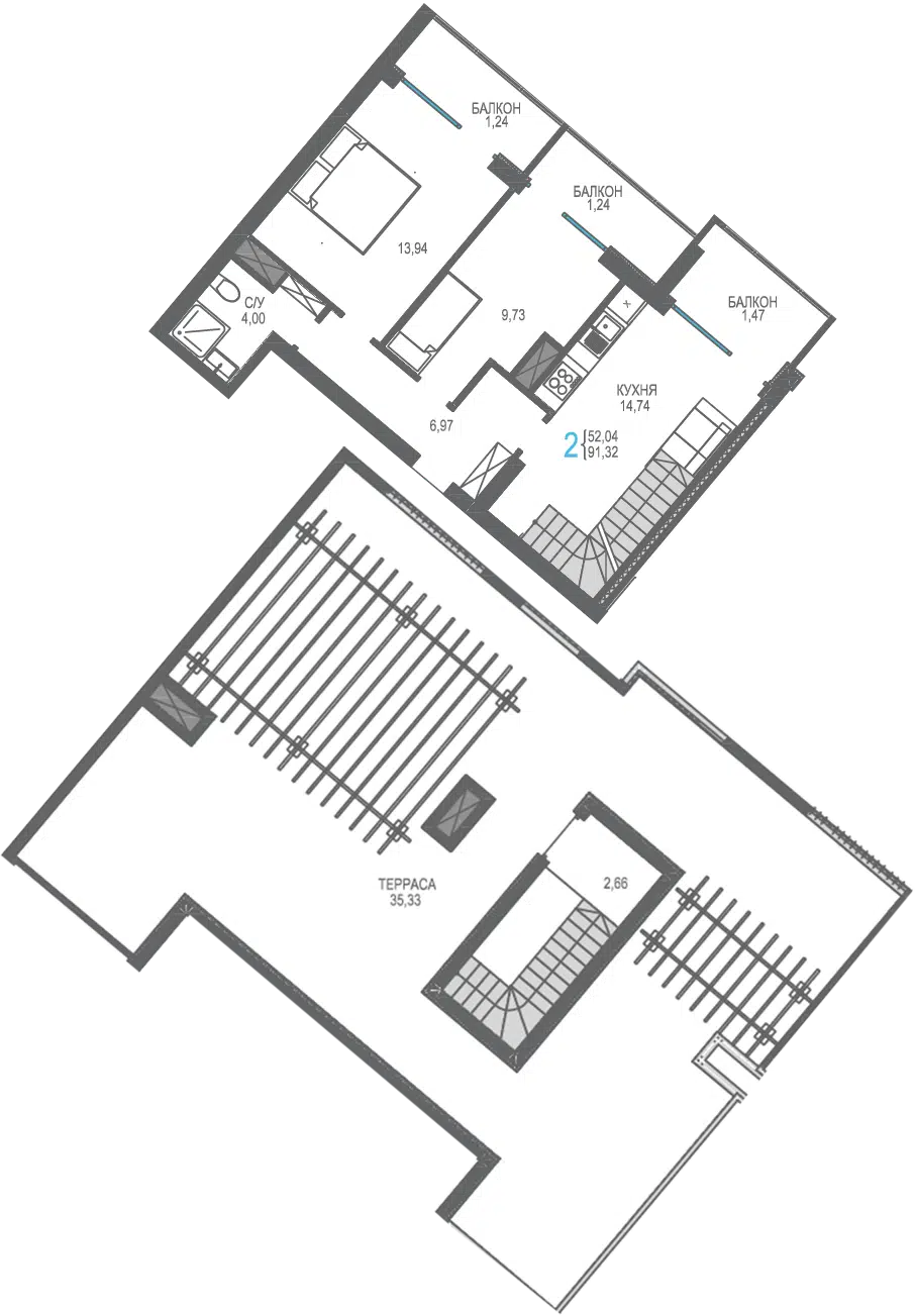 Планировка: 2-комн. квартира 91.32 м² в новостройке Лучистое