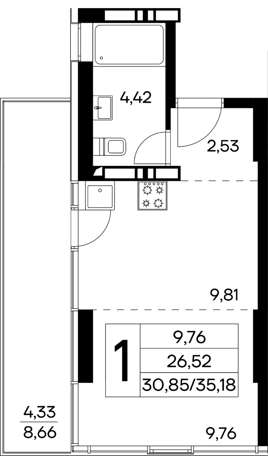 Планировка: 1-комн. квартира 35.18 м² в новостройке Лучистое