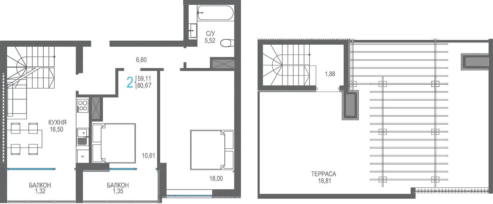 Планировка: 2-комн. квартира 80.67 м² в новостройке Лучистое