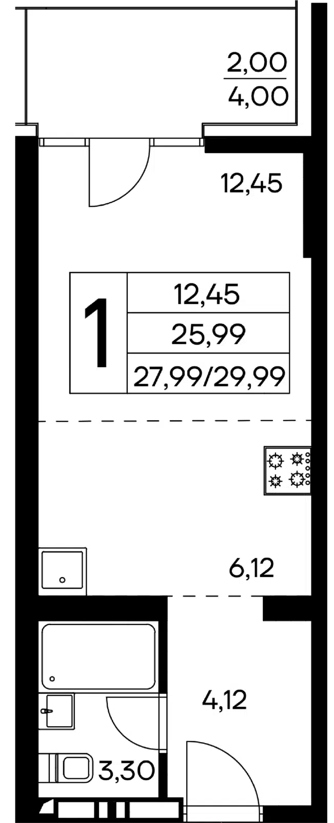 Планировка: 1-комн. квартира 29.99 м² в новостройке Лучистое