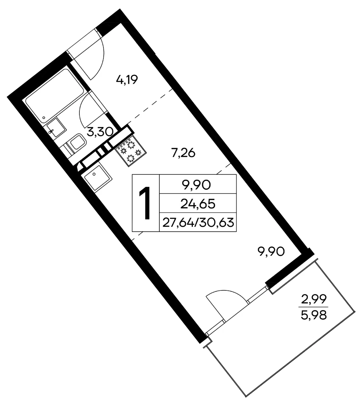 Планировка: 1-комн. квартира 30.63 м² в новостройке ЖК Лучистое