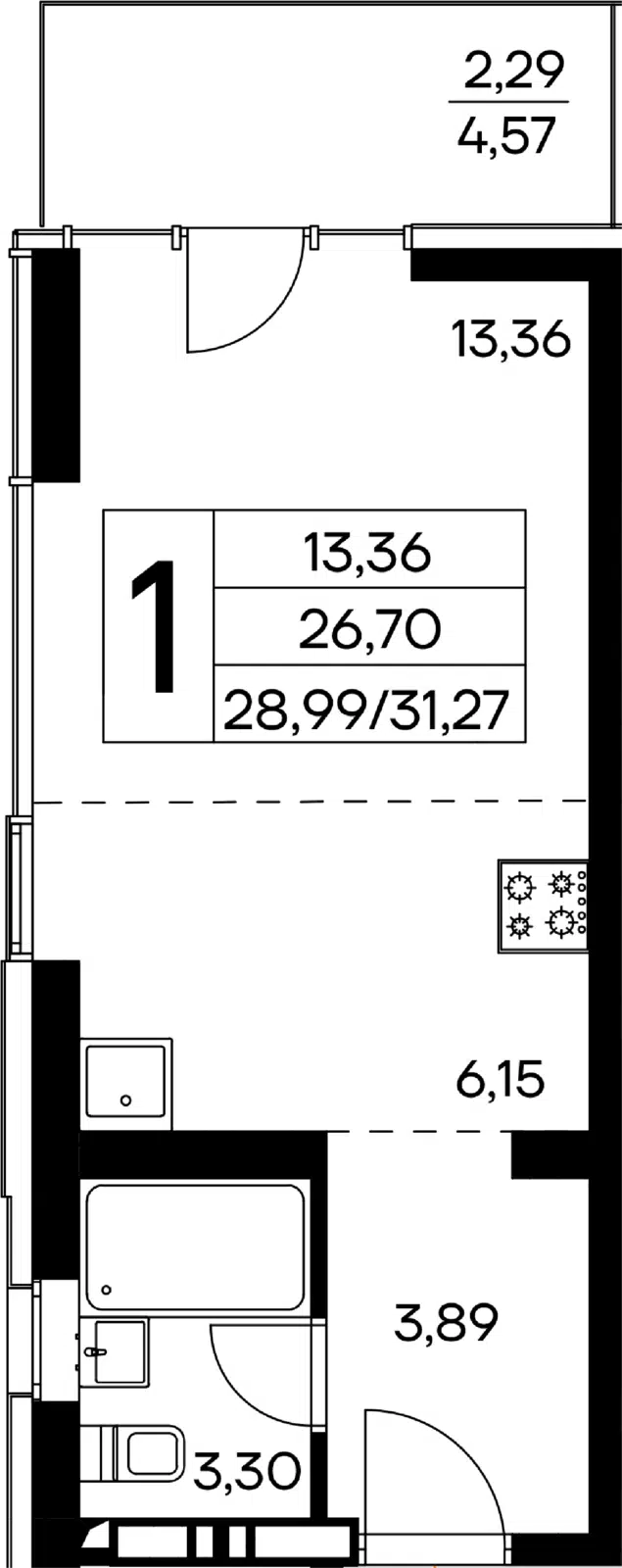Планировка: 1-комн. квартира 31.27 м² в новостройке ЖК Лучистое