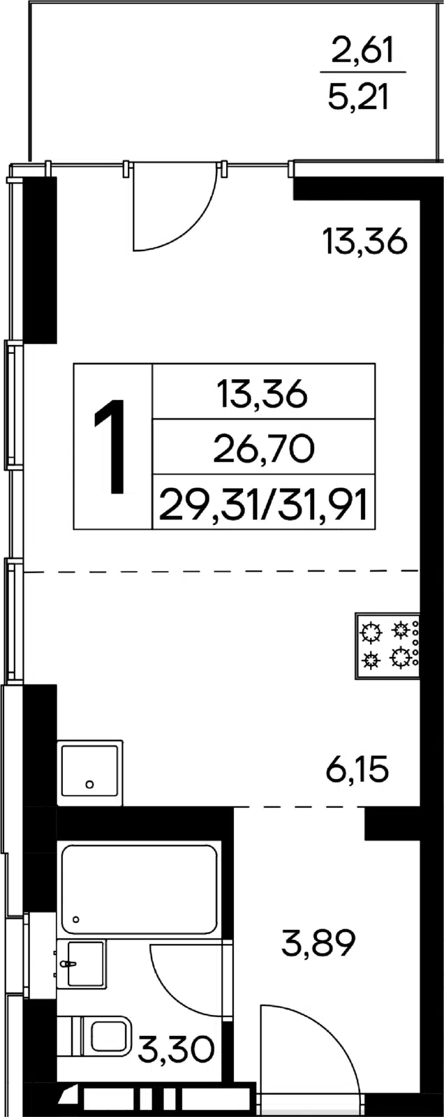 Планировка: 1-комн. квартира 31.91 м² в новостройке ЖК Лучистое