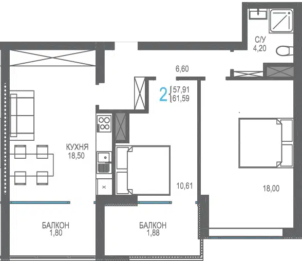 Планировка: 2-комн. квартира 61.59 м² в новостройке ЖК Лучистое