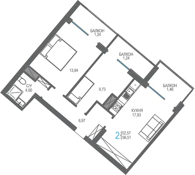 Планировка: 2-комн. квартира 56.51 м² в новостройке ЖК Лучистое