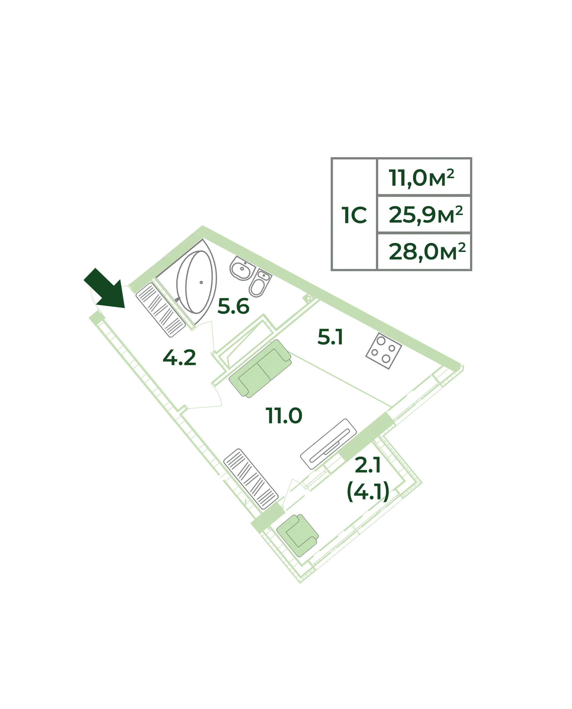 Планировка: Студия 28.00 м² в новостройке ЖК Жигулина роща