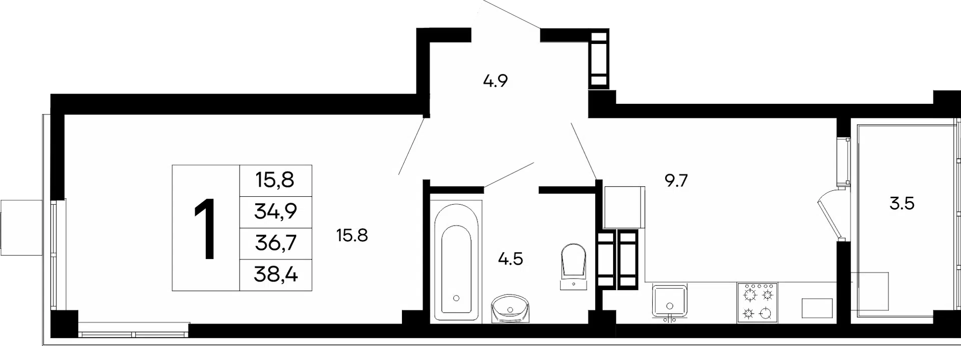 Планировка: 1-комн. квартира 38.40 м² в новостройке Небо