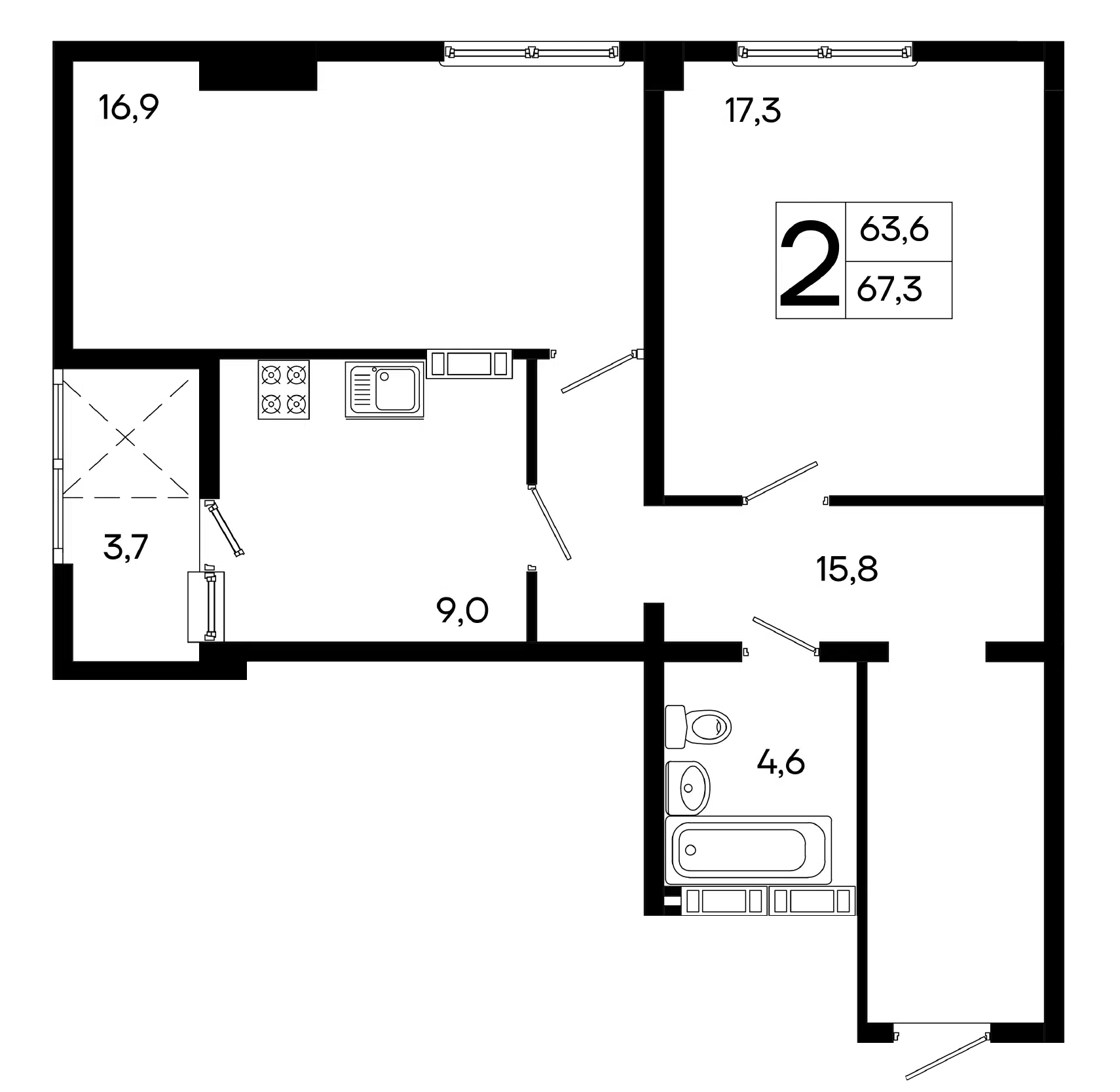 Планировка: 2-комн. квартира 67.30 м² в новостройке ЖК Трубаченко