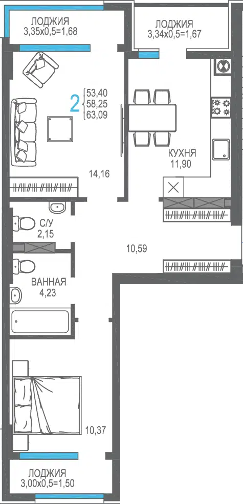 Планировка: 2-комн. квартира 58.25 м² в новостройке на Фонтанке