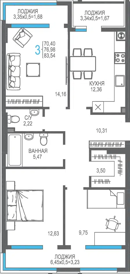 Планировка: 3-комн. квартира 76.98 м² в новостройке на Фонтанке