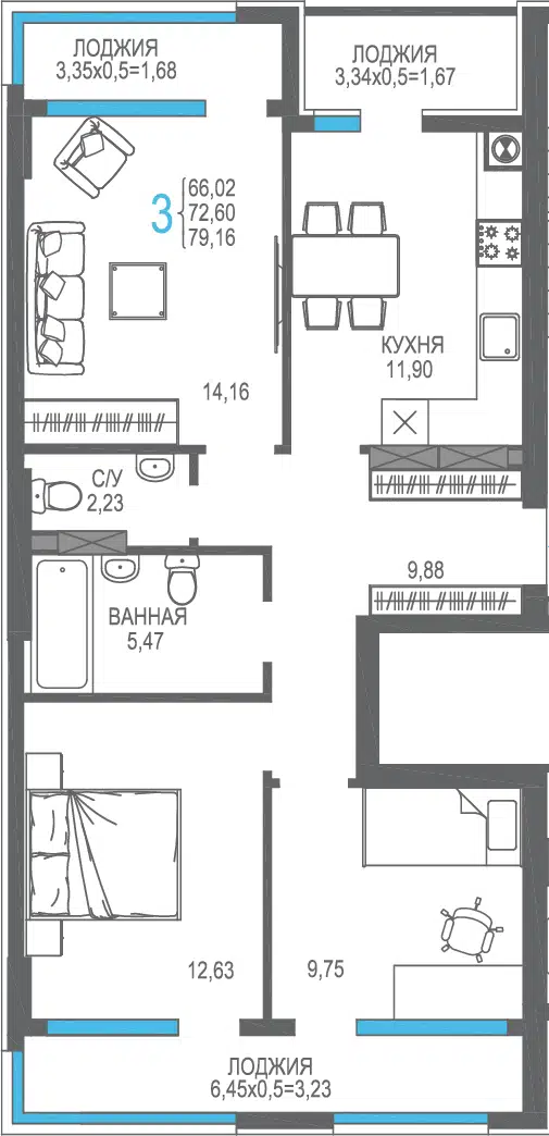 Планировка: 3-комн. квартира 72.60 м² в новостройке ЖК на Фонтанке