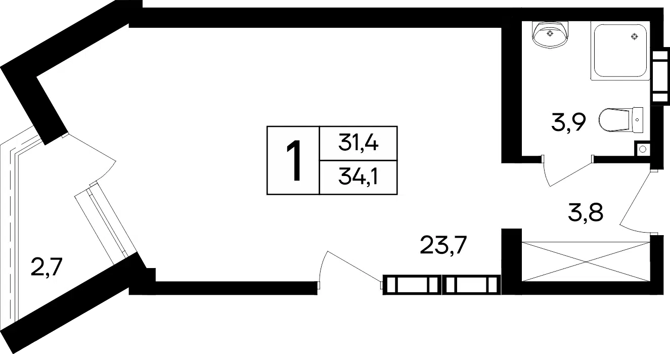 Планировка: 1-комн. квартира 34.10 м² в новостройке Апарт-комплекс Космос Смарт Евпатория