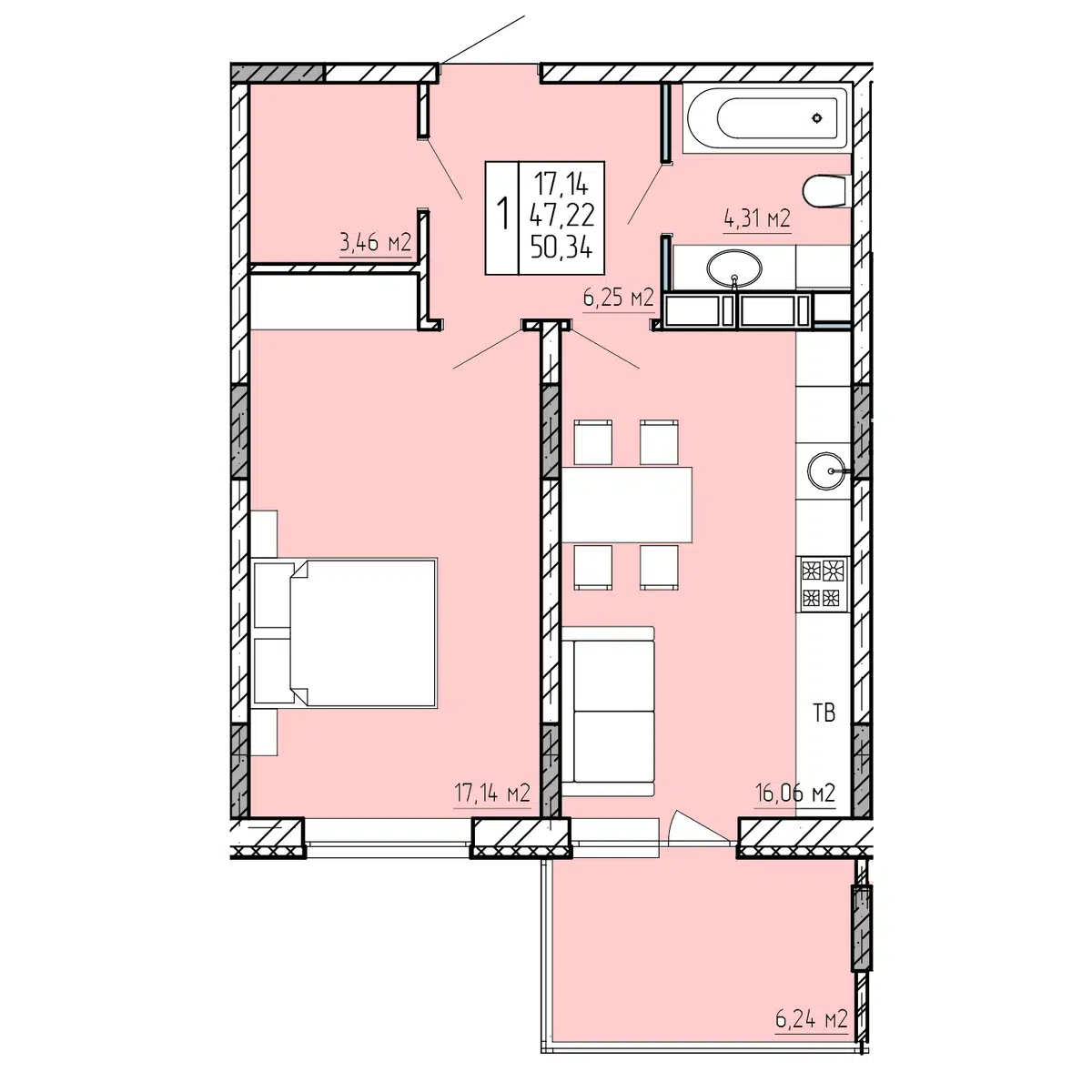 Планировка: 1-комн. квартира 50.34 м² в новостройке Поле Свободы