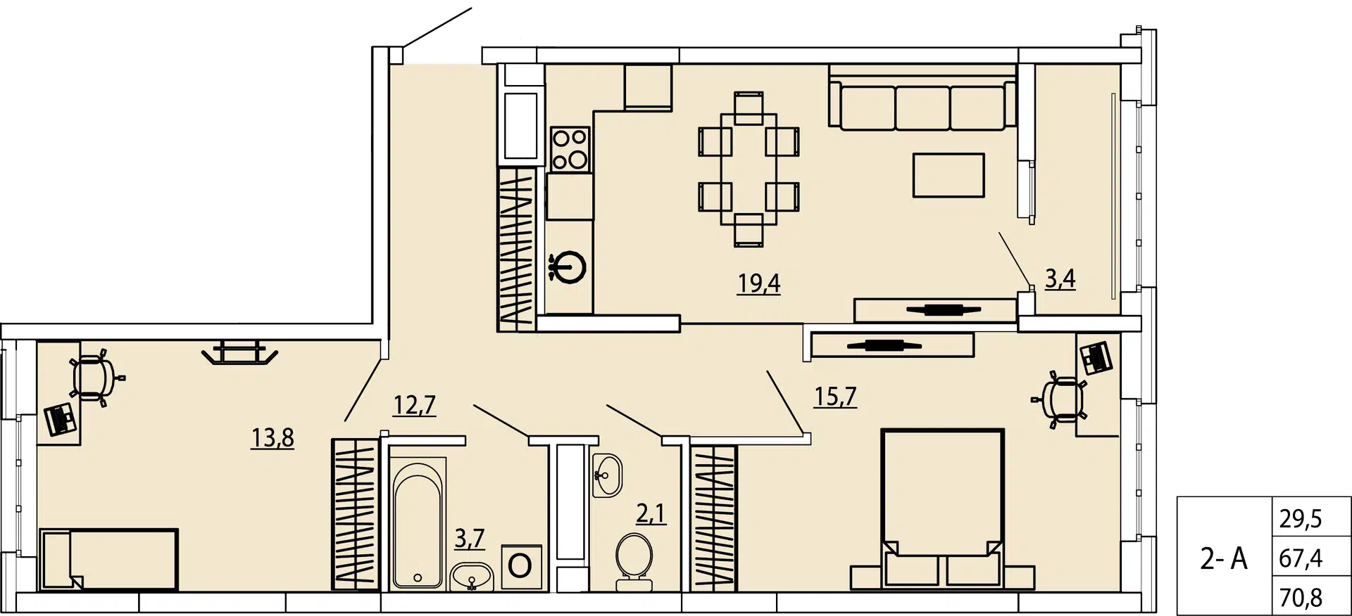 Планировка: 2-комн. квартира 70.80 м² в новостройке Московский квартал